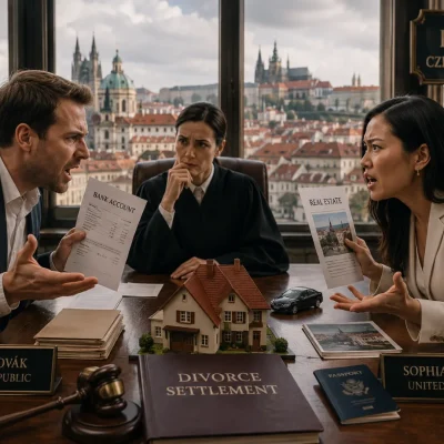 Cross-border divorce hearing in Prague: spouses of different nationalities before a judge, with settlement papers and passports